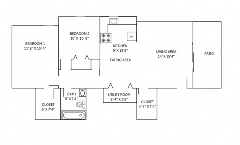Floor plan for 2 beds, 1 bath, 850 sqft